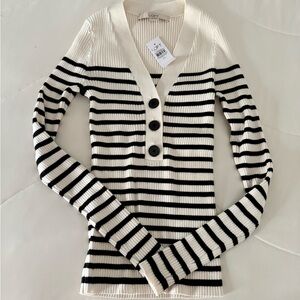LOFT Cream and Black Ribbed Knit Top - XS